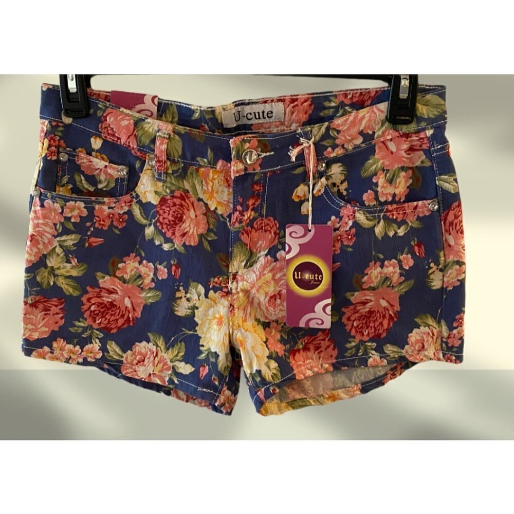 Floral Jean Shorts with embellished buttons